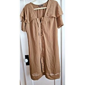 TO THE MAX brown semi sheer ruffle sleeves button dress lined